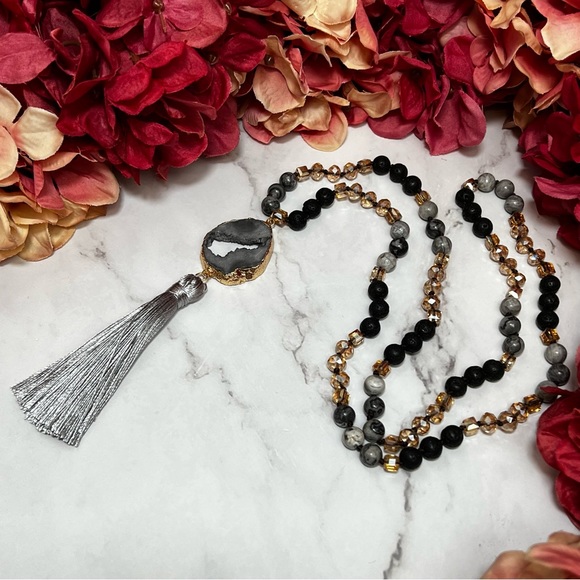 Natural Stone Necklace with Gold Dipped Gray Agate Geode Druzy Pendant & Tassel - Picture 4 of 16